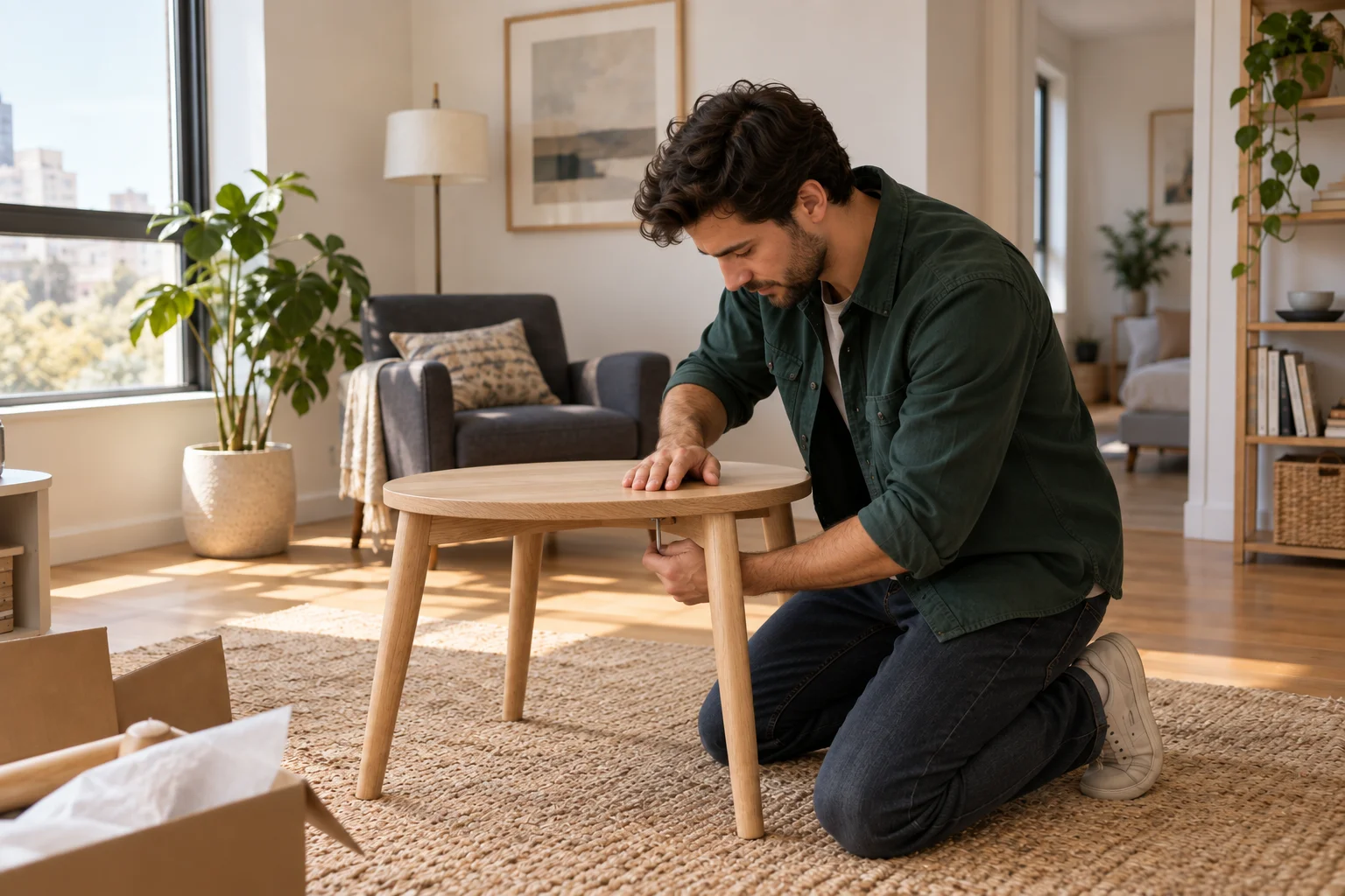 Illustration of a tasker assembling an oak table in a bright, carefully arranged home